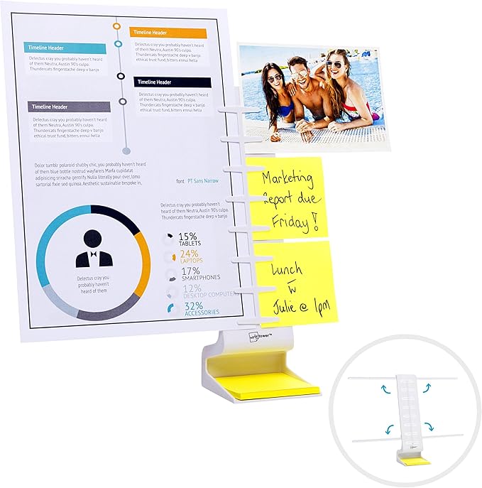 Note Tower Desktop Pro Dual Document Holder for Typing | Compact 2 Page Paper Holder Stand for Desk | Document Stand Holds Copy Paper, Photos & Post Notes | Dispenser includes 3x3 Sticky Notes | White