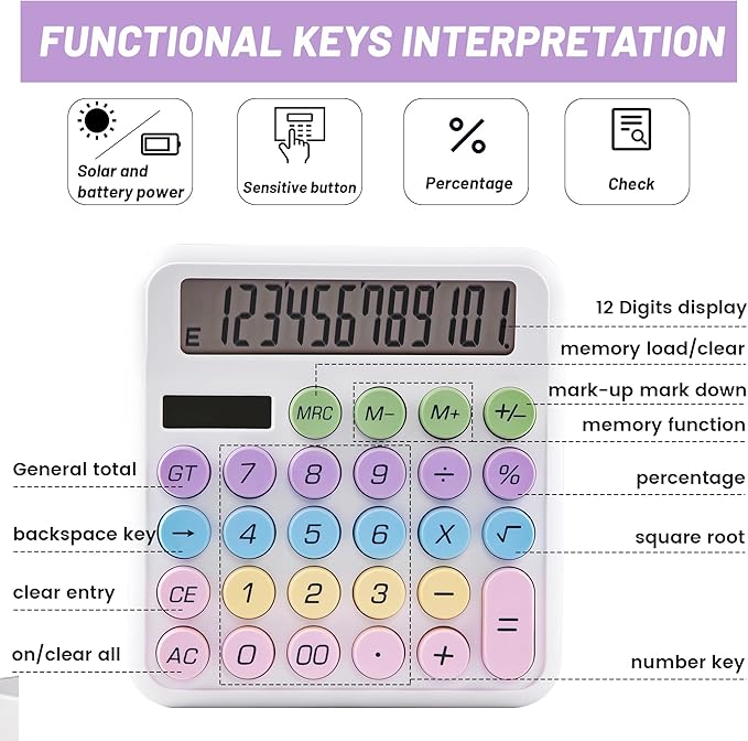 Golcellia Calculators Desktop, White Mechanical Calculator, Cute Calculator 12 Digit Desk Basic Calculator Large Display, Dual Power Solar Battery, Office Home School Supplies for Adults & Students