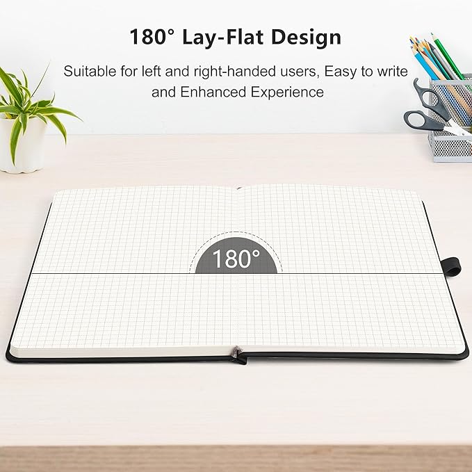 RETTACY Graph Paper Notebook, A5 Grid Notebook Journal with 192 Pages, 5.7'' × 8.3'', Medium Size, Leather Hardcover, 100 GSM Thick Paper, for Students, Homework, Math, Engineering (Black)