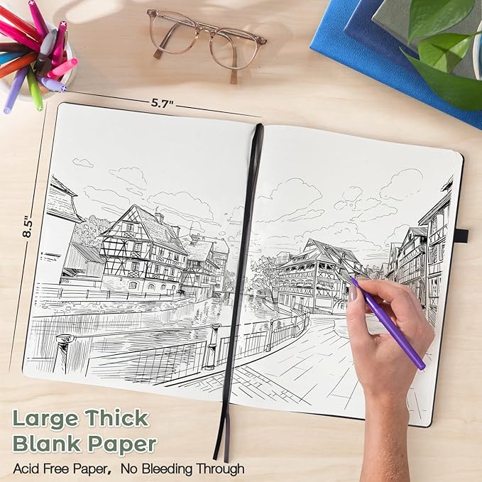 Blank Notebook, Hardcover Sketch Book, 8.5 x 5.5 Large Blank Journal, No Bleed Thick Paper Sketchbook for Drawing, Unlined Notebook Journal for Women Men School, A5 Leather Sketchbook, Lay Flat