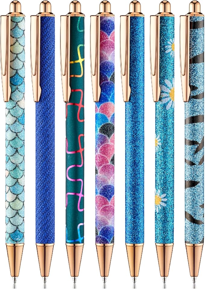 Mr. Pen- Fancy Pens for Women, Azure Elegance, 7 Black Ink Ballpoint Pens with 10 Refills, 1.0mm, Cute Pens for Journaling, Easter Gift