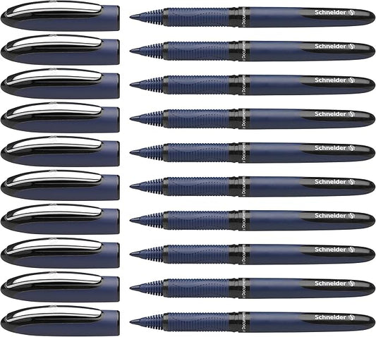 Schneider One Business Rollerball Pen, 0.6 mm Ultra-Smooth Tip, Blue Barrel, Black Ink, Box of 10 Pens (183001)