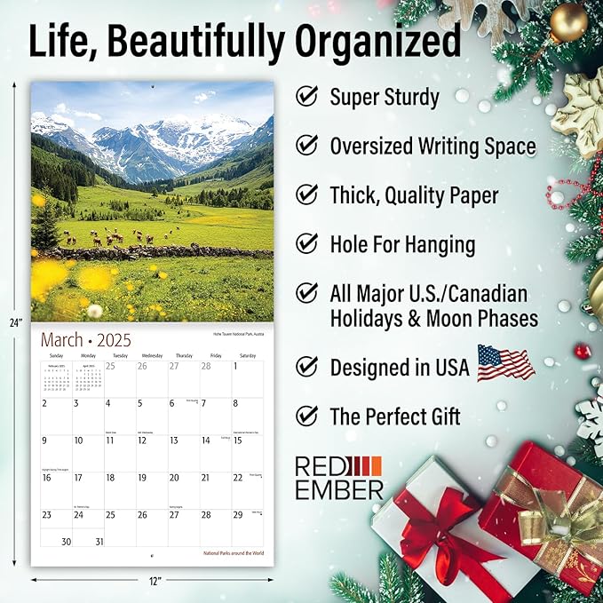 RED EMBER National Parks Around the World 2025 Wall Calendar 12 Month | 12" x 24" Open | Thick & Sturdy Paper | Giftable | Calendar 2025