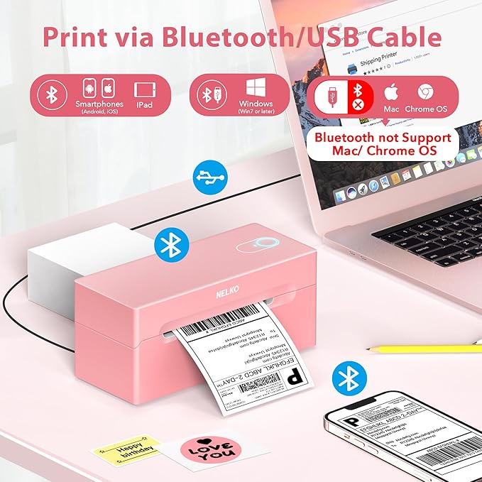 Nelko Bluetooth Thermal Shipping Label Printer, Wireless 4x6 Shipping Label Printer for Shipping Packages, Support Android, iPhone and Windows, Widely Used for Amazon, Ebay, Shopify (Pink)