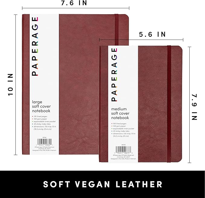 PAPERAGE Softcover Lined Journal Notebook (Burgundy), 160 Pages, Medium College Ruled Notebook, 5.6 inches x 7.9 inches - 100 GSM Thick Premium Paper, Soft Vegan Leather Journal for Home, Work & School