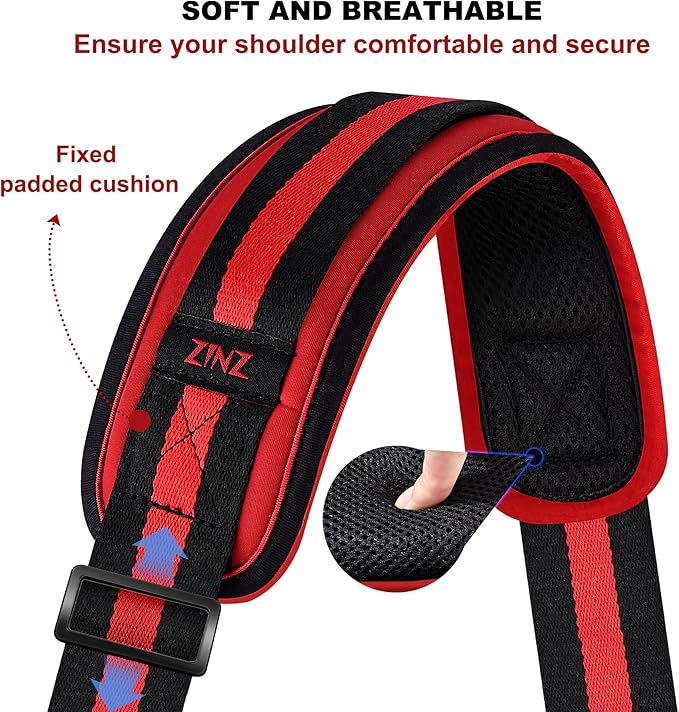 ZINZ 75" Shoulder Strap with Fixed Pad and Dual Balanced Buckles，Black-Red-Black Stripe