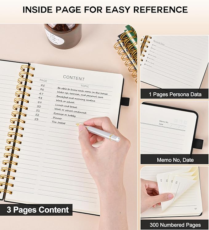 Spiral Notebook Journal for Women Men, 300 Numbered Lined Pages, College Ruled, A5 Hardcover Spiral Bound Notebook for School, Work, Note Taking Writing, Leather Spiral Journal Medium 5.9"x8.5"