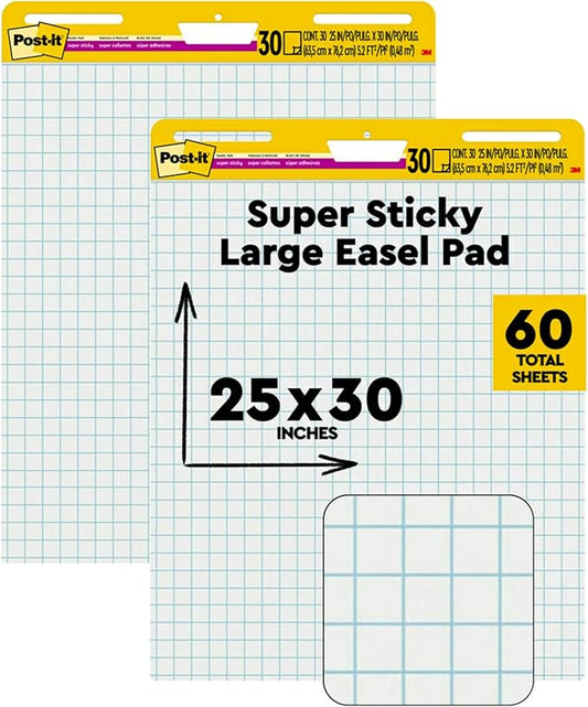 Post-it Super Sticky Easel Pad 25 x 30 Inches 30 Sheets/Pad 2 Pads (560) Large White Grid Premium Self Stick Flip Chart Paper Super Sticking Power