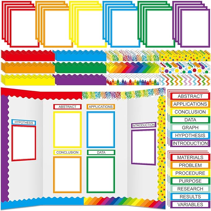 90 Pcs Science Fair Board Supplies 60 Trim Scalloped Bulletin Board Borders 24 Presentation Board Subtitles 6 Science Fair Titles for Classroom Display Boards (Rainbow)