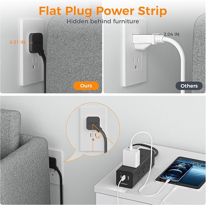 Surge Protector Power Strip, TESSAN 5 FT Extension Cord with Multiple Outlets Flat Plug, 9 Outlet Extender with 3 USB(1 USB C), 4-Sided Charging Station for Home Office Supplies Dorm Room Essentials