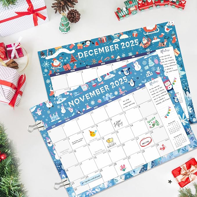 Gannyfer Large Desk Calendar 2025-2026 - 18 months from Jan 2025 to Jun 2026, 22" x 17" Desktop/Wall Pad Calendar with to-do List, Thick Paper with Plastic Cover, Large Ruled Blocks - Snow (2 Binder Clips Included)