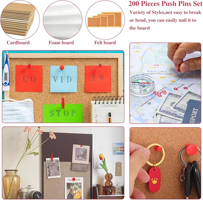 BESARME 200 Pieces Red Push Pins, 5 Style Thumb Tacks Decorative Pins for Cork Board Bulletin Wall Craft Office Home Supplies