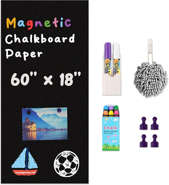Magnetic Chalkboard Contact Paper for Wall 60" x 18" Self Adhesive Blackboard Wallpaper Peel and Stick Chalk Board Wall Decal Roll with 14 Chalk for Kids Home Playroom Classroom