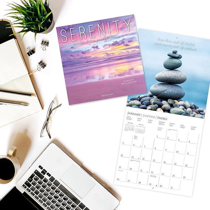 Graphique 2025 Serenity Wall Calendar | 12” x 12” | Thick Paper | Home & Office Organizer | Large Monthly Grid | 3 Languages & Marked Holidays | 4 Month Preview Page for 2026