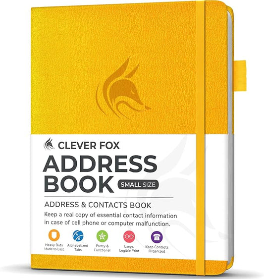 Clever Fox Address Book with alphabetic tabs - PU Leather Telephone and Address Book for Keeping Contacts Safe, Contact Organizer Journal, Small Size (4.0″ x 5.5″), Hardcover, Amber Yellow