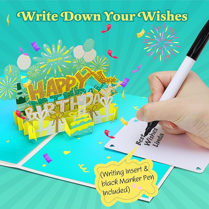 Elegant 3D Pop-Up Birthday Card with LED Lights – Blowable Candle & Music Greeting Card for Women, Mom, Daughter Green Gold