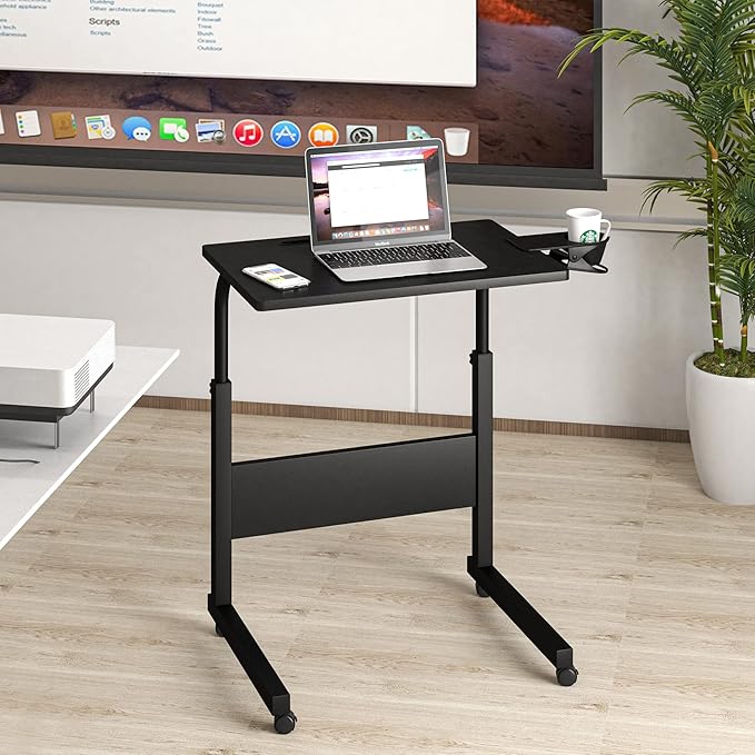 Klvied Standing Desk Adjustable Height, Stand Up Desk with Cup Holder, Portable Laptop Desk, Mobile, Small Computer Desk, Bedside Table, Black Rolling Desk, Work Desk for Home Office