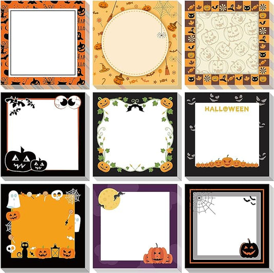9 Pieces Halloween Sticky Note Self-Adhesive Halloween Note Pads with Spider Pumpkin Bat Eyeball Halloween Memo Notes for Halloween School Office Home Students Teachers Presents 50 Sheets Each