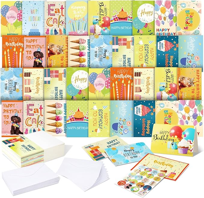Harloon 200 Pack Happy Birthday Card Assorted Bulk with Blank Envelopes and Stickers 4 x 6 Inches Greeting Blank Happy Birthday Cards for Men Women Adults Kids, 20 Styles(Cute Style)