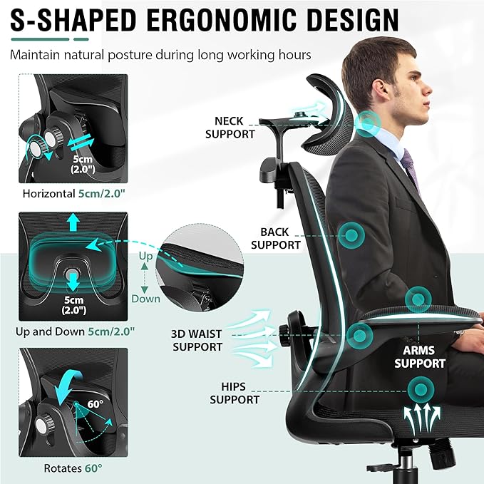 Office Chair, Ergonomic Office Chair with 3D Lumbar Support 3D Headrest, Comfy High Back Home Desk Chairs, Breathable Mesh Computer Chairs with Flip-Up Armrests & Hanger(Black)