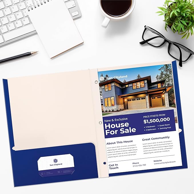 Better Office Products Blue Paper 2 Pocket Folders with Prongs, 50 Pack, Matte Texture, Letter Size Paper Folders, 50 Pack, with 3 Metal Prong Fastener Clips, Blue