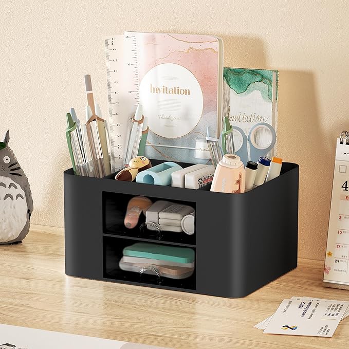 Marbrasse Pen Organizer with 2 Drawer, Multi-Functional Pencil Holder for Desk, Desk Organizers and Accessories with 5 Compartments + Drawer for Office Art Supplies (Black)