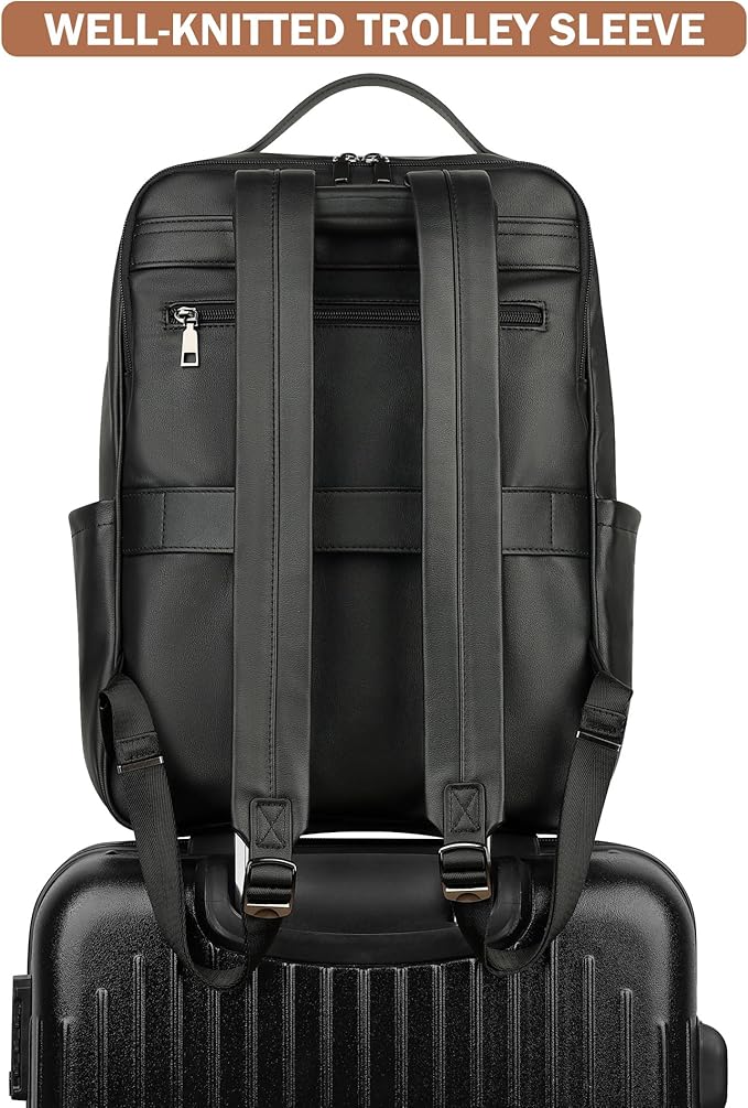 MASINTOR 15.6 inch PU Leather Laptop Backpack Purse for Women, Large College Casual Backpack Travel Bag Black