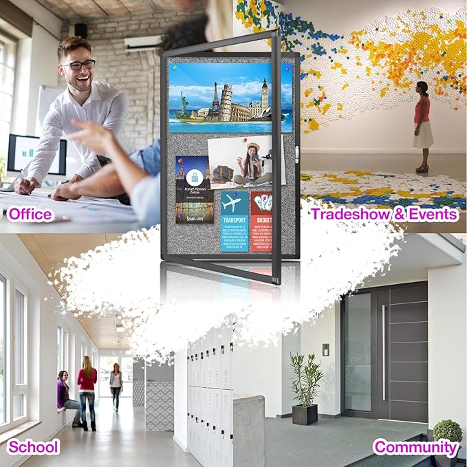 Outdoor Enclosed Bulletin Board, Grey Felt Weatherproof Notice Noticeboard with Clear Acrylic Locking Door, Wall-Mounted Black Aluminum Framed Display Case,36x24in (5xA4)