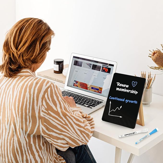 WALGLASS Desktop Black Glass Dry Erase Board 9.5"x 6.7" with Reversible Wood Stand, Small White Board, Portable Whiteboard for Desk, Reusable Desk Notepad with 2 Markers&Eraser for Home, Office