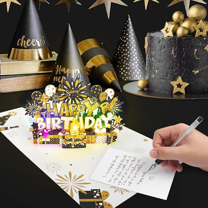 Birthday Card | Musical Pop Up Birthday Cards w Light | Blow Out LED Light Candle & Play Happy Birthday Music Pop Up Card | Greeting Cards Gifts for Him or Her | Black Gold (Blowable Candle)