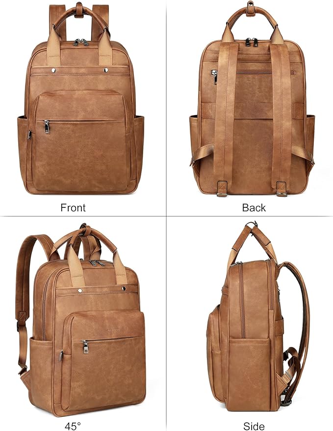 MASINTOR Leather Laptop Backpack for Women, Stylish Computer Backpack College Business Work Shoulder Bags Work and Travel Mocha Brown