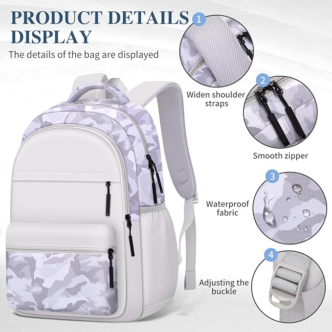 Cute Backpack for School Kids Camouflage Laptop Travel Backpack for Women Men Casual College Teen Bookbag(white)