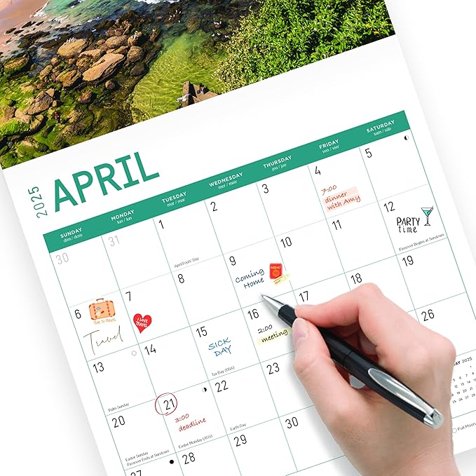 2025 Beaches Monthly Wall Calendar by Bright Day, Includes Over 300 Stickers, 12 x 12 Inch