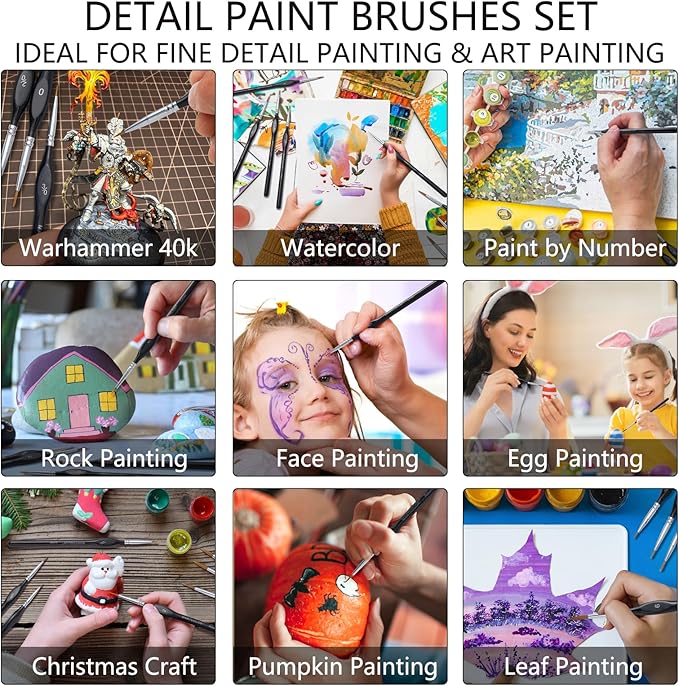 Detail Paint Brush Set, 9pcs Miniature Paint Brushes for Fine Detailing, Art Painting, Micro Paint Brush Set for Acrylic, Watercolor, Oil, Paint by Number, Citadel, Figurine, Models, 40k