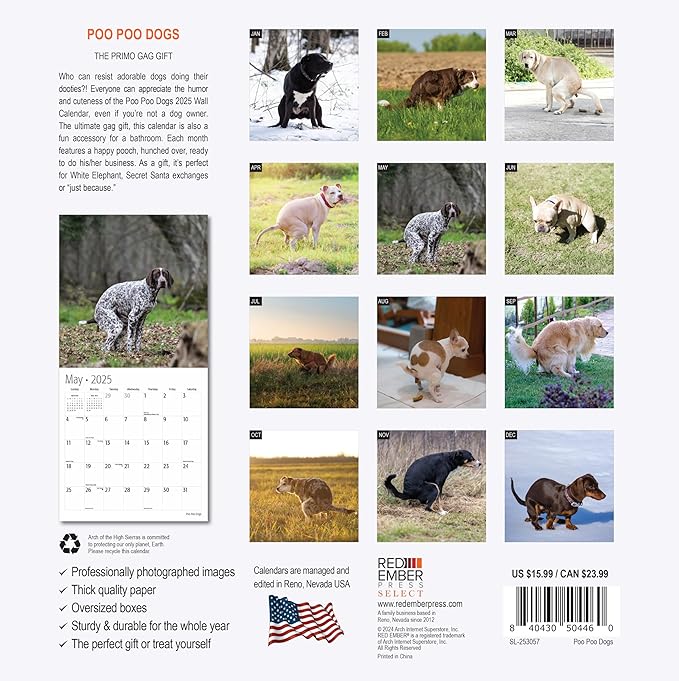 RED EMBER Select - Poo Poo Dogs 2025 Wall Calendar 12 Month Funny Secret Dirty Santa White Elephant Yankee Swap | 12" x 24" Open | Thick & Sturdy Paper | Giftable | Calendar 2025