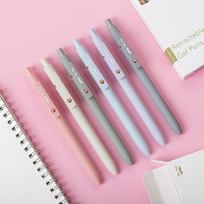 Mr. Pen- Retractable Gel Pens with Rose Gold Ring and Ball, 6 Pack, Morandi Barrels, Japanese Black Gel Pens, Fast Dry, Gel Pens Fine Point 0.5mm, Smooth Writing Aesthetic Pens for Journaling