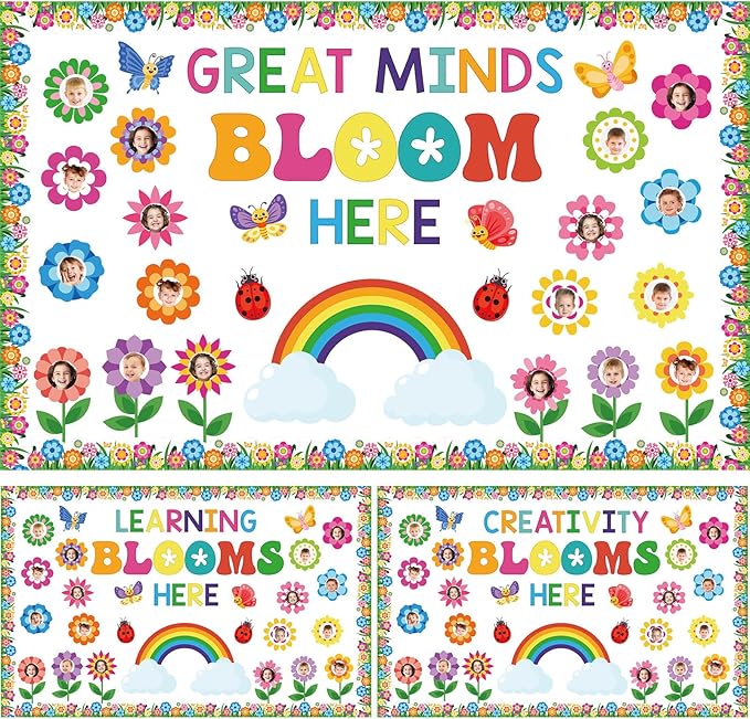 Kosiz Spring Flower Bulletin Board Decorations Set Great Minds Bloom Here Classroom Decorations Colorful Butterfly Rainbow Cloud Paper Cutouts with Floral Borders for School Chalkboard Wall Door Home