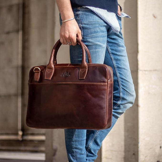 SID & VAIN laptop bag BOSTON Large business office work bag laptop case real leather briefcase leather bag Unisex brown