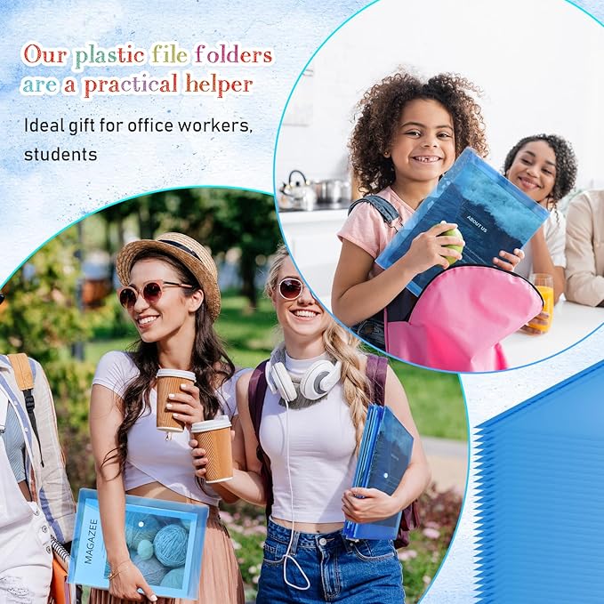 Zhehao 100 Pcs Clear Envelopes with Snap Button Closure A4 Letter Size Plastic Envelope Folder Poly Document File Folders for Home Office(Blue,Simple Style)
