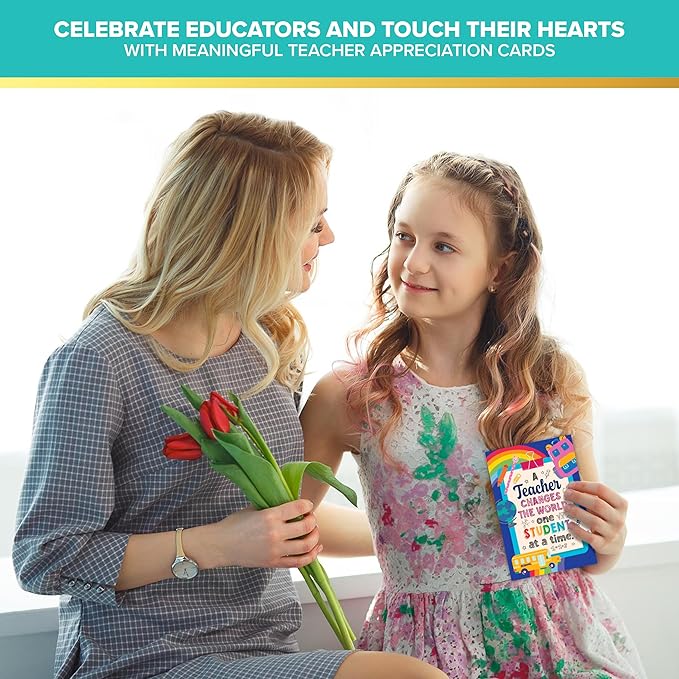 Decorably 24 Pack 4x6in Teacher Appreciation Cards with Envelopes and Stickers, 8 Colorful Designs Teacher Thank You Cards from Students with Printed Message Inside