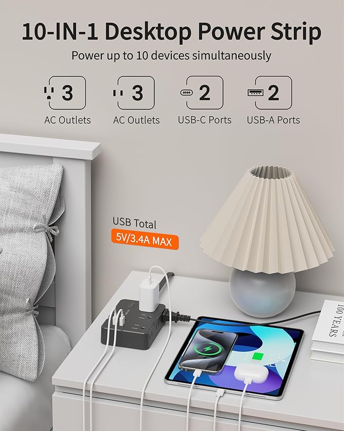 Surge Protector Power Strip, 5 FT Extension Cord with 6 AC Outlets 4 USB Ports,1050J Surge Protection, Wall Mountable Charging Station for Office, Home, Black