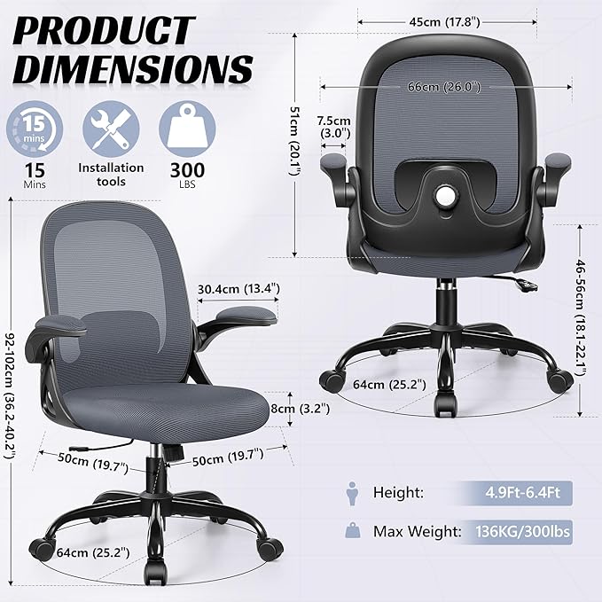 Office Chair Ergonomic Desk Chair with Adjustable 3D Lumbar Support and Height, Comfy Mesh Computer Chair with Flip-up Armrests, Swivel Rolling Task Chair with Wheels (Dark Gray)