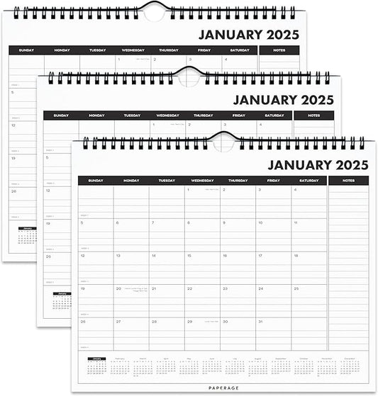 PAPERAGE Calendar 2025-12 Month, (Black), 3 Pack, Minimalist Wall and Desk Calendar with Monthly Views and Yearly Plans – Small (9 in x 11 in)