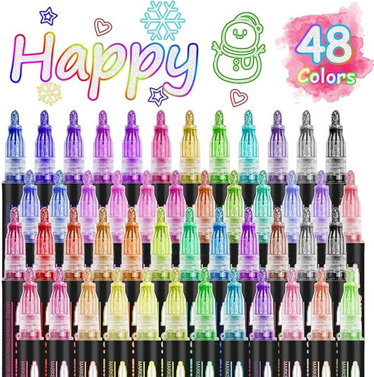 Double Line Outline Markers 48 Colors Super Squiggles Glitter Markers Self Outline Metallic Markers, Doodle Shimmer Markers Drawing Pens for Christmas Greeting Card, Birthday Gift, DIY Art Crafts