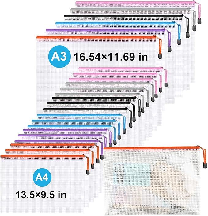 Mesh Zipper Pouches,Zipper Bags A3 A4 Size,24 Pcs Plastic Storage Bags for Classroom Organization,Craft Project,Board Game and Travel Storage.