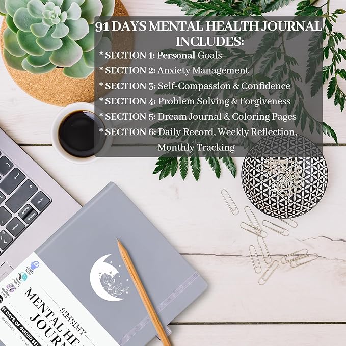 Mental Health Journal, 91-Day Self Care Journal for Women Men, Guided Anxiety & Stress Relief Journal with Mood Tracker, Cognitive Behavioral Therapy Journaling with Mental Health Coloring Pages & Dream Journal