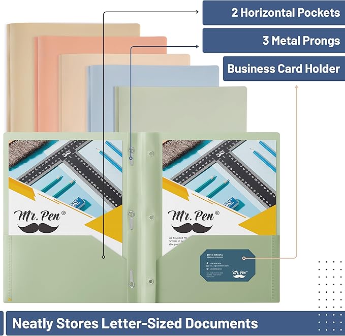Mr. Pen- Plastic Folders with Pockets and Prong, 5 Pack, Vintage Colors, Pocket Folders, Folders with Prongs, File Folders with Fasteners, 2 Pocket Folder, Folder with Pockets, Two Pocket Folder