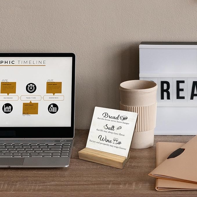 Wine Signs for Home Decor,Inspirational Desk Decor,Kitchen Decor Bread Salt Wine Wooden Sign Desk Decor for Farmhouse Home Kitchen Table Shelf Decoration, Housewarming Gifts for Woman