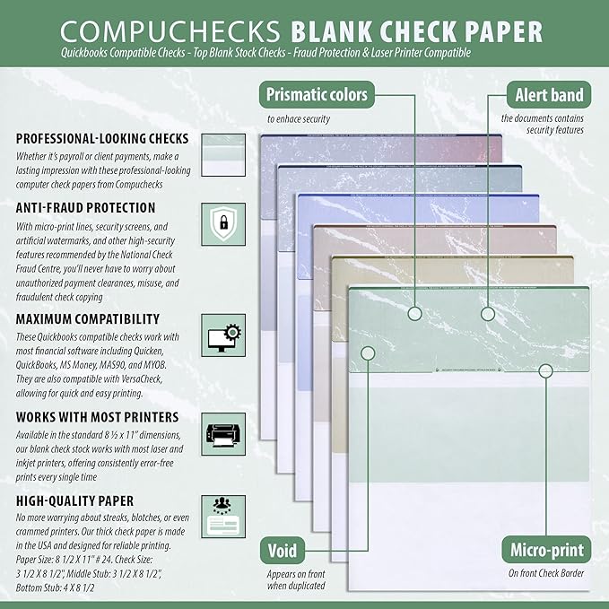 Compuchecks Check on Top Blank Check Paper - 2500 Pack, Quick-Books & Laser Printer Compatible - Security Business Checks with Voucher - 8.5" x 11" Gold Marble