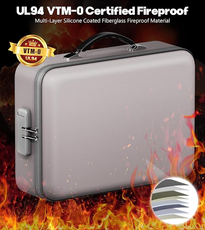 Fireproof Document Box with Water-Resistant Zipper, Hard Case Fireproof Box with Lock, Portable Hard-Shell Fire Safe Box, Large Capacity File Organizer for Important Documents, Laptop (Gray, M)